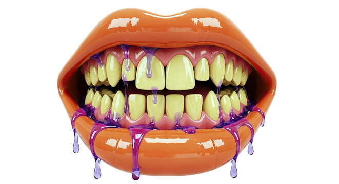 Close-up of lips with dripping purple liquid and yellow teeth