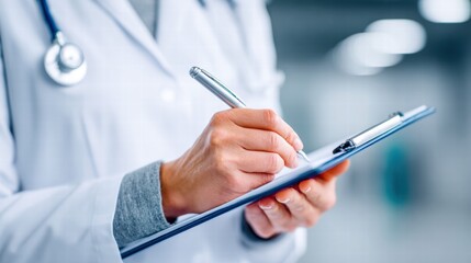 A doctor in a white coat writes on a clipboard, focusing on medical documentation.