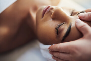 Relax, hands and woman with head massage at spa for migraine relief, pamper treatment and zen....