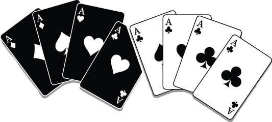 Ace playing cards silhouette, black and white deck design, casino gambling symbols, poker game elements, card suits artwork, cad drawing flat vector illustration