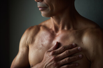 Naklejka premium Japanese middle-aged man practicing standing breathwork in minimalist studio. Calm focus and modern mental wellness. Asian man exercising slow breathwork in wellness studio. Diversity theme.