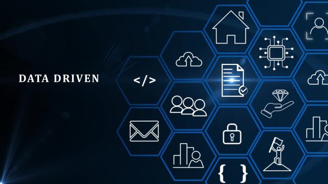 Data driven marketing concept. Big data analytics, personalized and contextual marketing. Marketing technology. Working on computer cubes with data driven surrounded with analytics methodology icons..