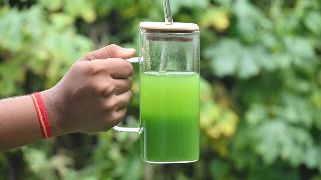 Bitter gourd or bitter melon juice on a blurry green background. This emerald tonic is celebrated in traditional medicine for its ability to regulate blood sugar and detoxify the body.
