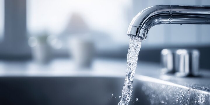 Close-up of clean water flowing from a modern chrome faucet into a kitchen sink