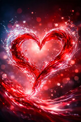 赤い液体が弾けてハート形を描くダイナミックなスプラッシュアート、きらめくボケ背景・広告に使える高品質3Dイメージ