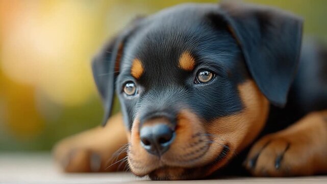 Puppy Portrait: Capturing a close-up portrait of an adorable Rottweiler puppy, revealing its endearing expression and captivating gaze. 