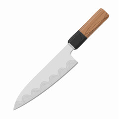 Fototapeta premium Illustration of a kitchen knife with a wooden handle and serrated edge on a plain background from a diagonal viewpoint