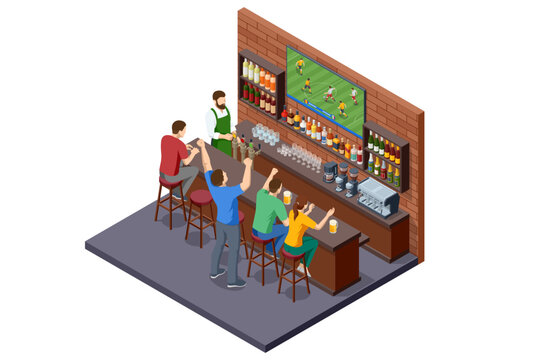 Isometric sports bar interior with football fans watching soccer match on television while bartender serves drinks. Sport watching concept.