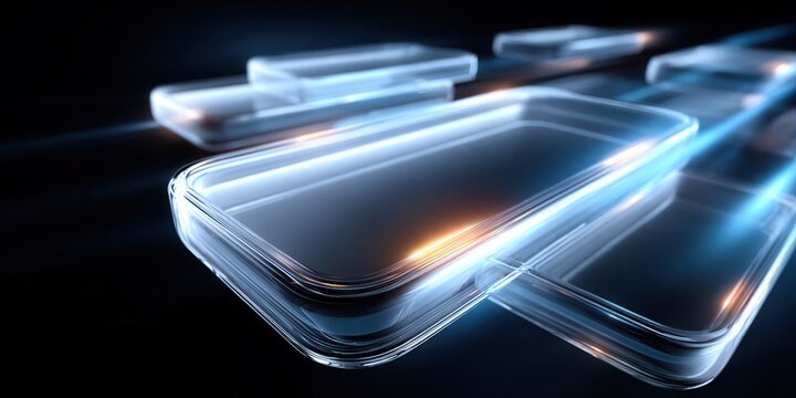 Abstract glowing glass rectangles in a dark futuristic digital environment