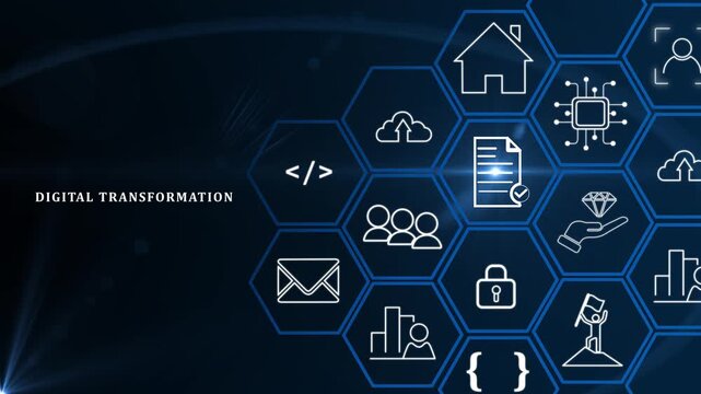 Digital transformation in business concept. Leveraging modern technologies; automation, data analytics, cloud computing and AI to increase efficiency, reduce costs and gain competitive advantage.4k
