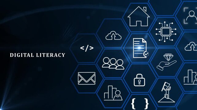 glowing surrounded by floating icons representing digital literacy, AI, and technology, highlighting the importance of digital skills and modern technological advancements.4k motion video