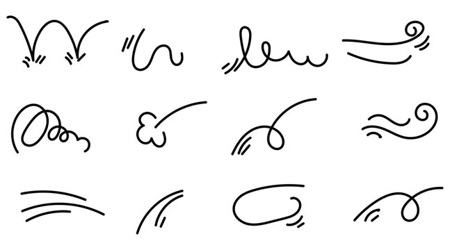 Dynamic hand drawn doodle lines arrows illustrating various motion speed impact sound and effect concepts
