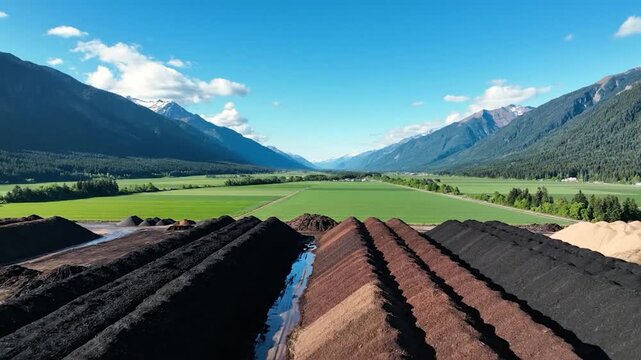 Rows of organic materials are stored in a valley with majestic mountains.