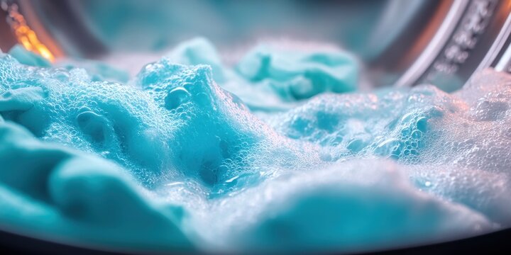 Close-up of bright blue laundry tumbling in a washing machine with lots of suds