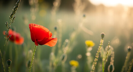 Obraz premium Vibrant red poppy flowers bloom in a serene nature landscape field