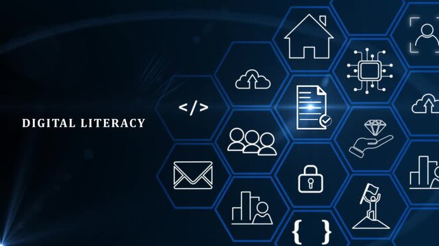 surrounded by floating icons representing digital literacy, AI, and technology, highlighting the importance of digital skills and modern technological advancements.4k motion video