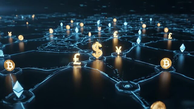 Currency Symbols on Digital Network Grid.