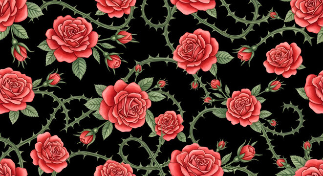 Seamless red rose pattern with green thorns on black background