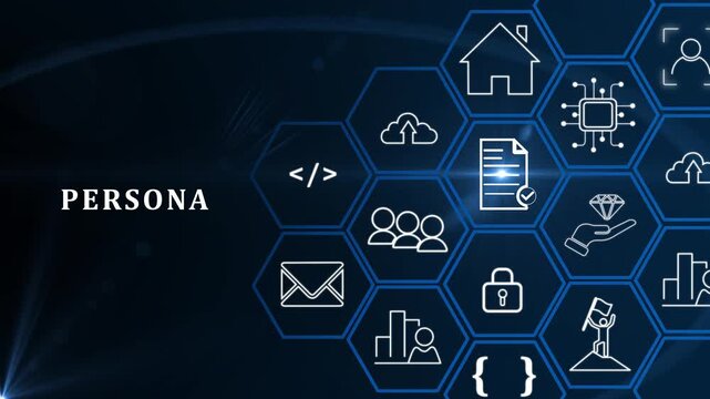 Buyer or customer persona concept. Psychology profile or characteristics. Personalized marketing. Data analytics for plan. Touching on persona text surrounded with persona icon on smart background.4k