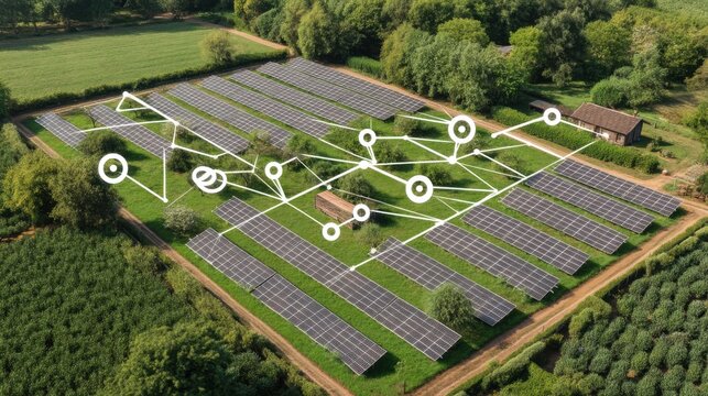 Renewable energy development in solar farms rural area aerial view nature and technology integration
