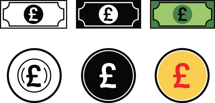 Pound sterling currency banknote coin and coin stack vector illustration set finance symbols