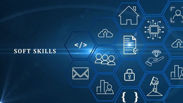 Soft skills concept. Interpersonal skills interacting with colleagues. Emotional intelligence, communication, problem solving, persuasion, collaboration, adaptability, empathy, critical analytics