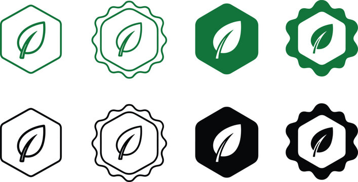 Green leaf icons inside hexagon and scalloped border shapes nature eco friendly symbols vector