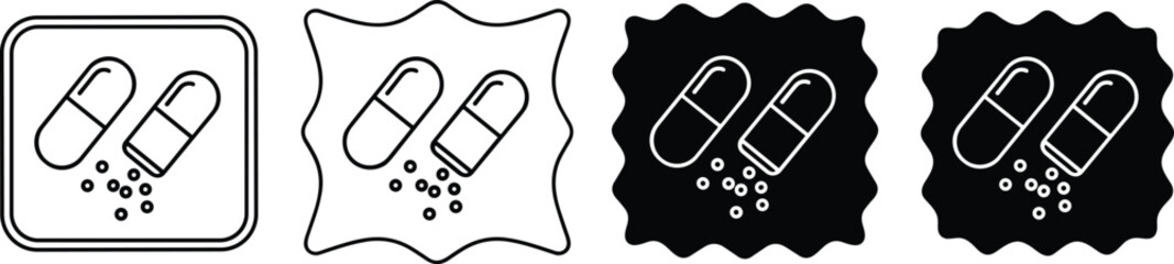 Medical capsule pill icon set with medicine granules on transparent background for health projects