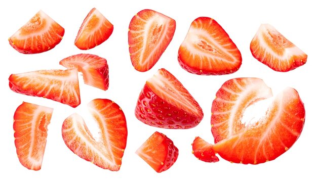 Sliced strawberries float on white background, revealing juicy interior and bright red exteriors, fresh and appealing