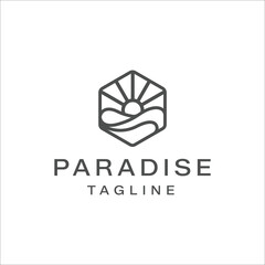 Fototapeta premium Minimal line logo with sunrise and protective hands symbol. Ideal for eco care, sustainability brand, organic products or environmental organization