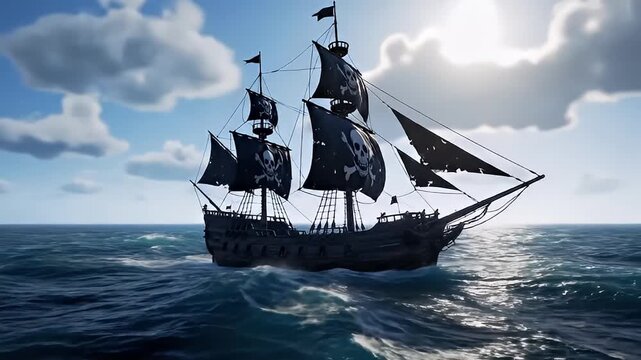 Pirate Ship Sailing on Open Sea.