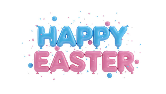 Happy easter text in blue and pink with colorful confetti elements surrounding the words isolated on white