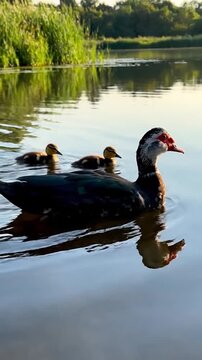 Mother duck and ducklings swimming on a calm lake