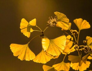 Obraz premium Golden, fan-shaped leaves on a branch, illuminated by sunlight against a dark background
