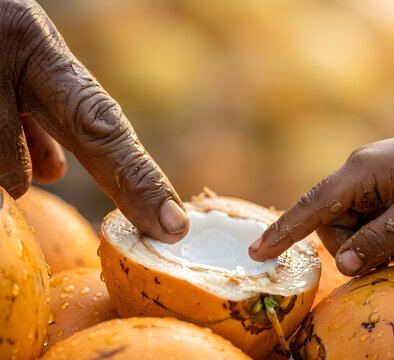 Macro Tactile Detail of Wet King Coconut with Weathered Hand