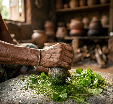 Traditional Ayurvedic Preparation: Grinding Gotu Kola on Granite Miris Gala