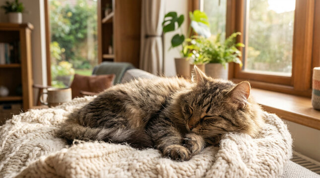 A fluffy brown tabby cat sleeps peacefully on a cozy white knitted blanket. Warm sunlight filters through a nearby window with green potted plants in the background.