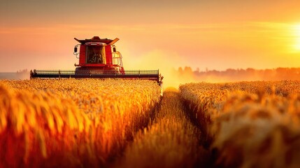 Fototapeta premium Red combine harvester working in a golden wheat field at sunset with warm light