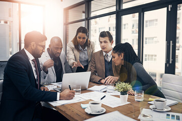 Fototapeta premium Business people, online and teamwork with laptop, meeting and budget review for tax strategy or talk. Corporate, accountant and colleagues with tech for financial analysis, planning and collaboration