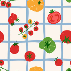 Slats personalizados para cozinha com sua foto Colorful seamless tomato pattern with ripe red and green tomatoes, cherry tomatoes and vegetables on a hand-drawn grid background. Playful food illustration inspired by fresh farmers market produce.