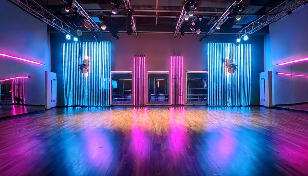 an empty dance studio stage with neon lights and large mirrors