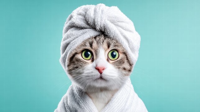 A pampered cat wearing a spa towel and robe, enjoying a day of relaxation.