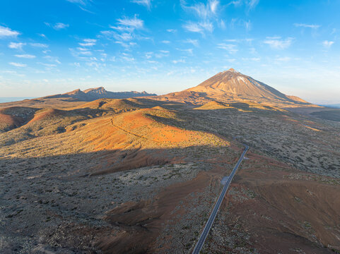 Road to the Teide volcano at sunrise. Aerial photo.