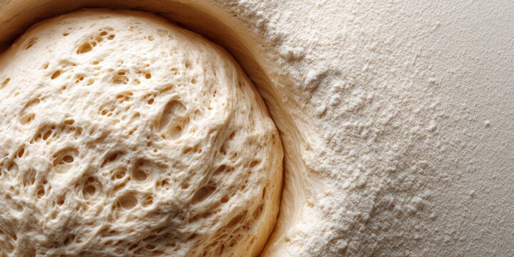 Close-up macro shot of bubbly sourdough bread dough next to a pile of flour