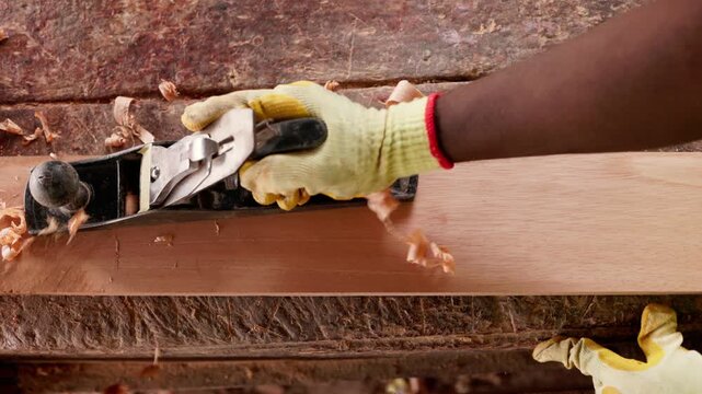 Close-up of African male carpenter using a metal hand plane to smooth a wooden plank in his workshop