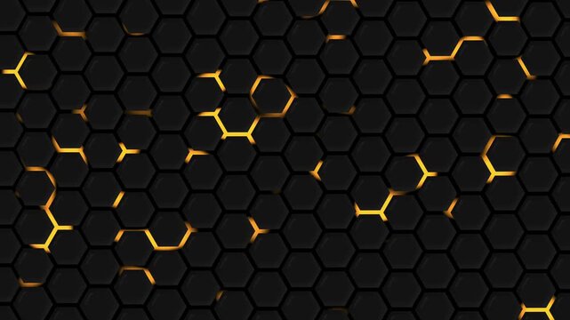 Glowing orange seams hexagonal grid background animation, Dark hexagonal honeycomb grid with glowing seams and recessed panels