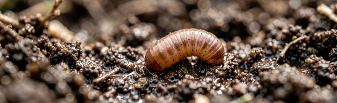 Brown pillbug tightly curled on wet dark soil