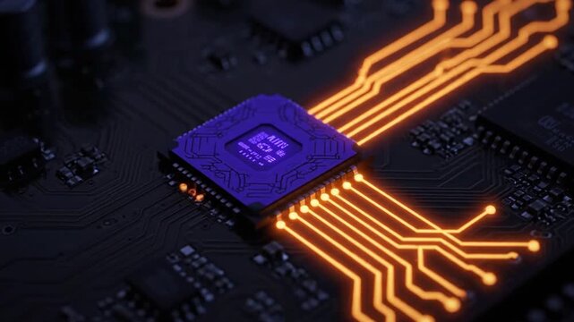 Intricate digital circuit board featuring a luminous central processor and glowing orange data streams, symbolizing advanced computing, innovation, and technological progress
