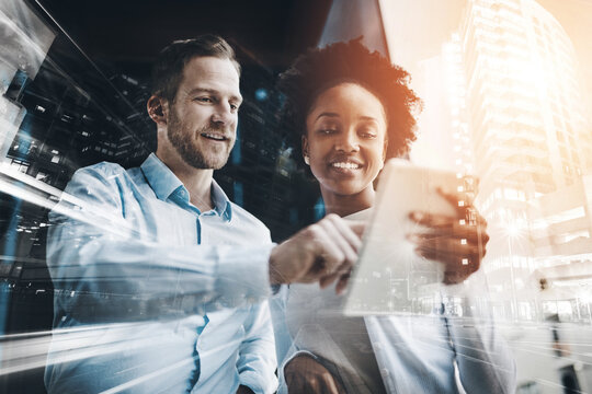 Tablet, research and business people in office with double exposure, check project and digital marketing. Flare, team and talk in workplace with tech, city overlay and online advertising campaign.