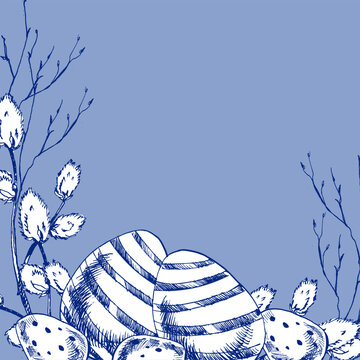 Happy Easter banner in blue rustic colors with colored eggs and willow branches ink illustration. Handd rawn engraved clipart for spring rustic design, card, poster ,church invitation decor